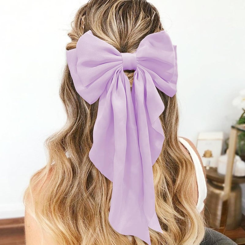 illpta Large Bow Hair Clips with Long Tails - Ribbon Bowknot Pins Accessories for Women, Party Gifts for Girls (Purple) - Image 2